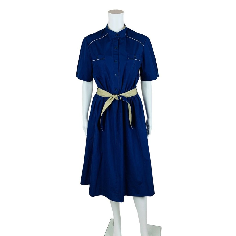 Vintage 1980s Navy Blue Dress Canvas Belted Shirtdress | W 28"+